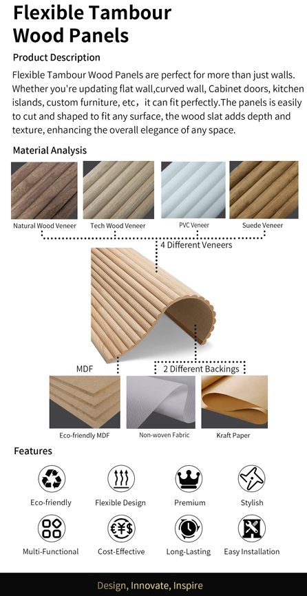 Premium flexible wood wall panels for accent walls, kitchen 
islands, cabinet doors & curved surfaces