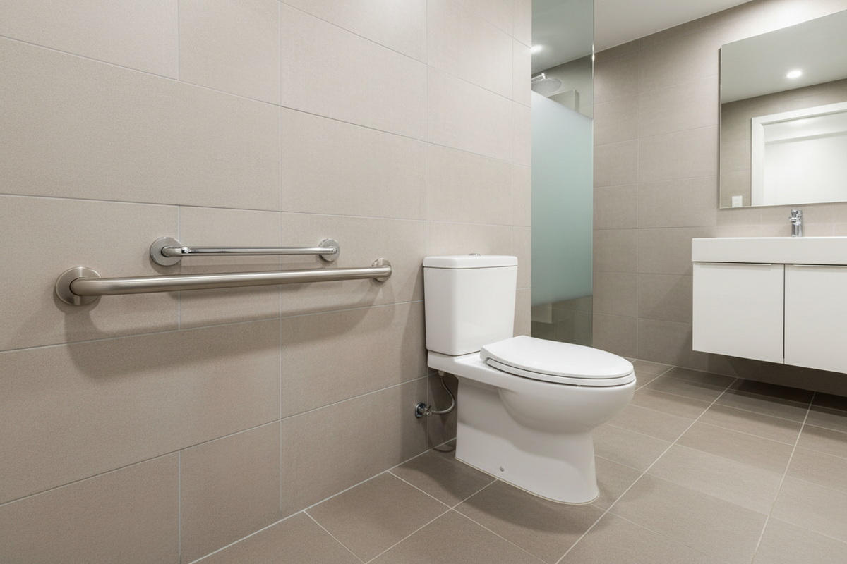 Flip-up grab bar installed next to a toilet for senior accessibility