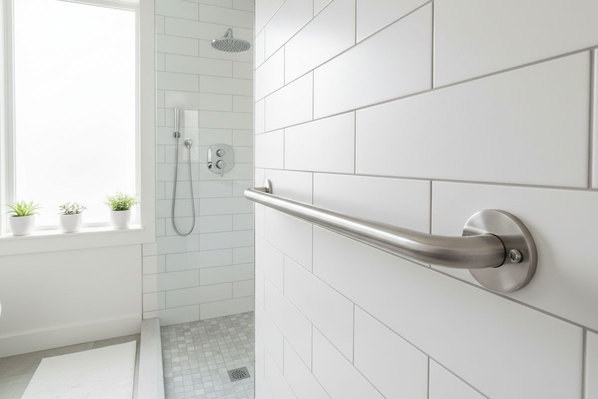 Grab bar installed in a tile shower, anchored into studs — Seattle bathroom safety installation