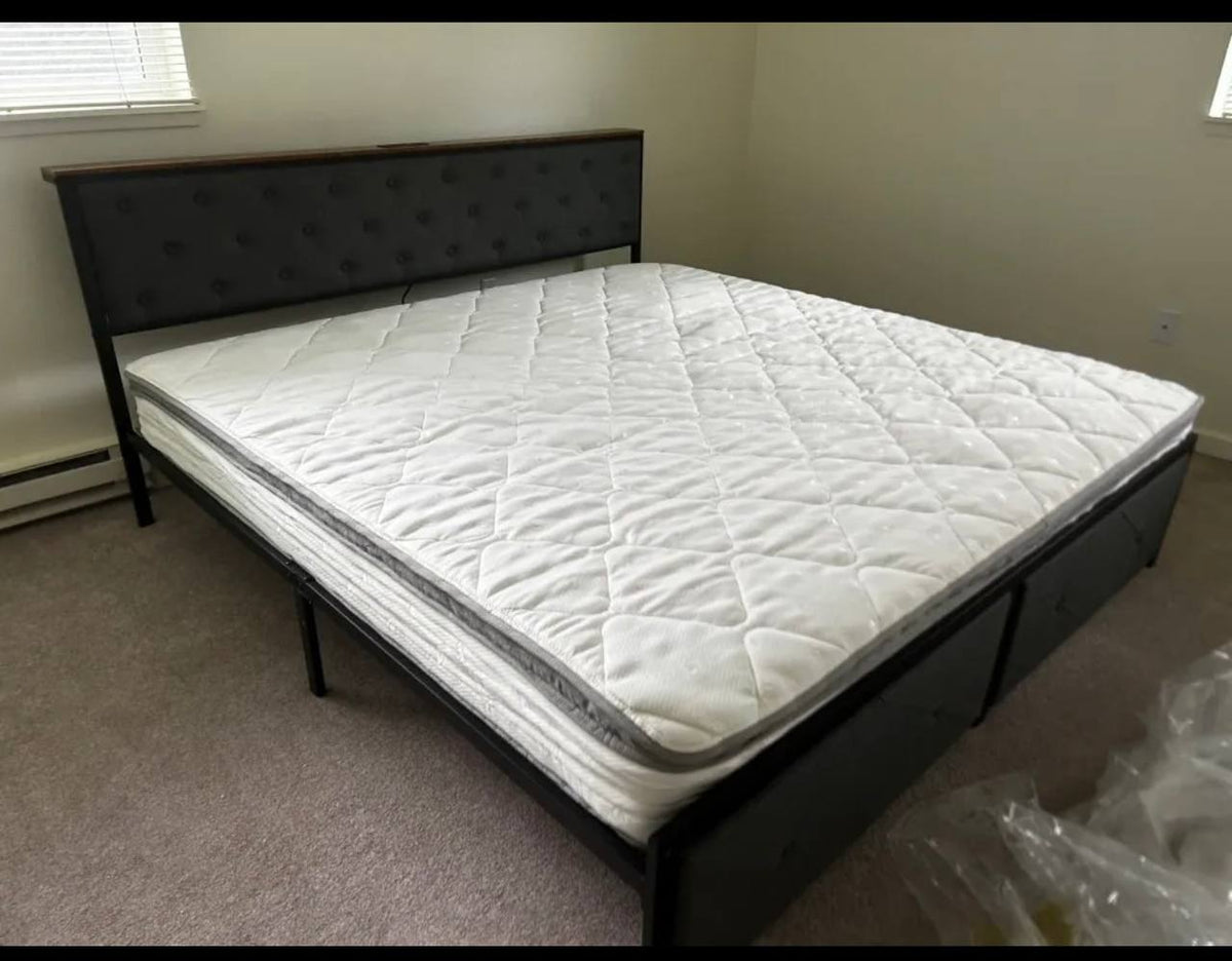 Metal bed frame with tufted headboard and storage baskets assembled in Bothell