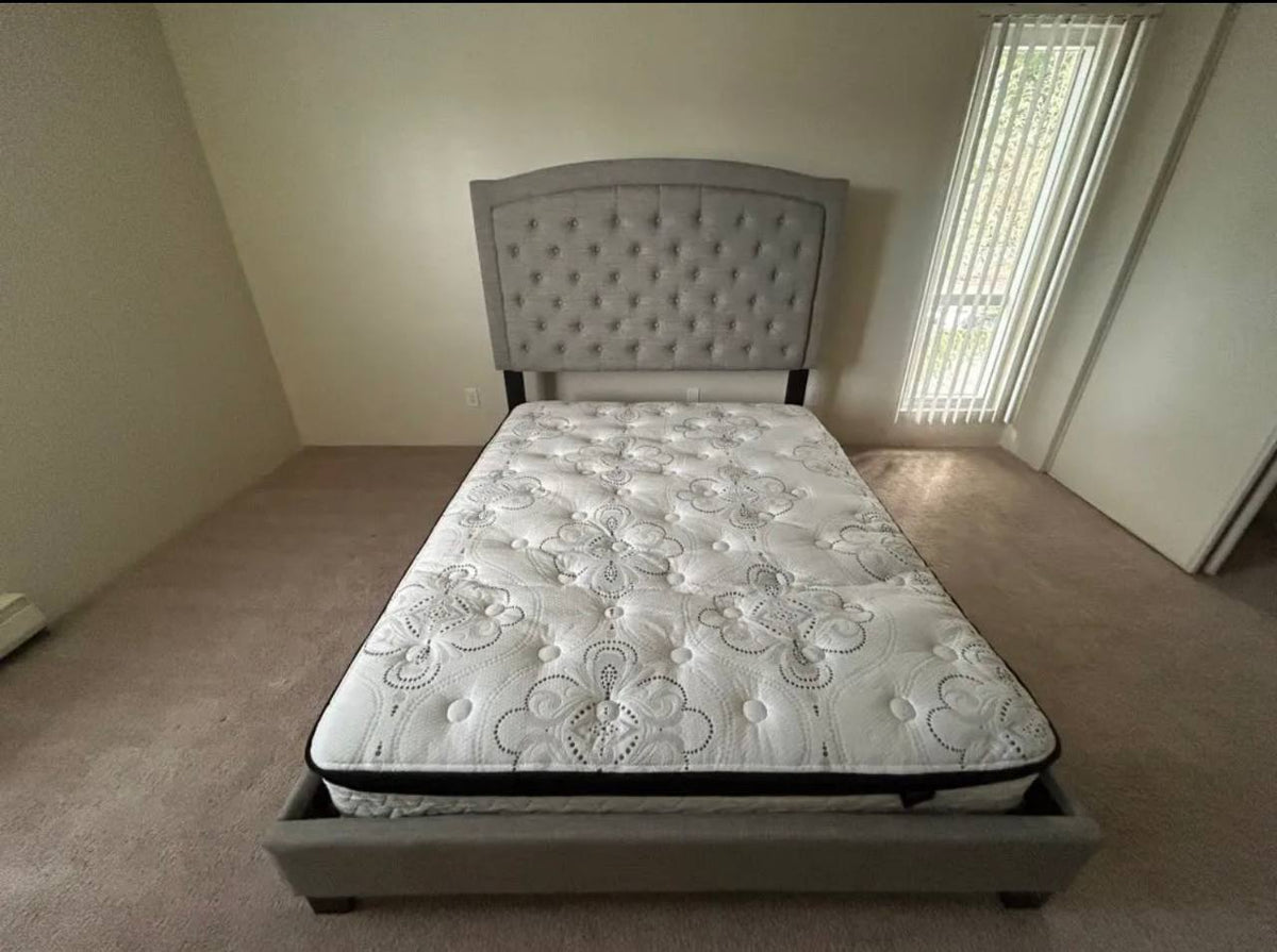 Finished upholstered queen bed with mattress after assembly by 24 Solve