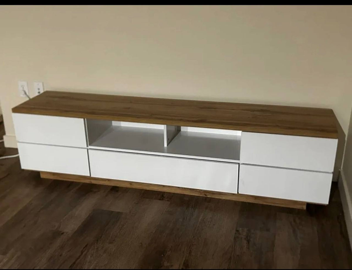 White and wood TV stand with drawers assembled by 24 Solve in Seattle