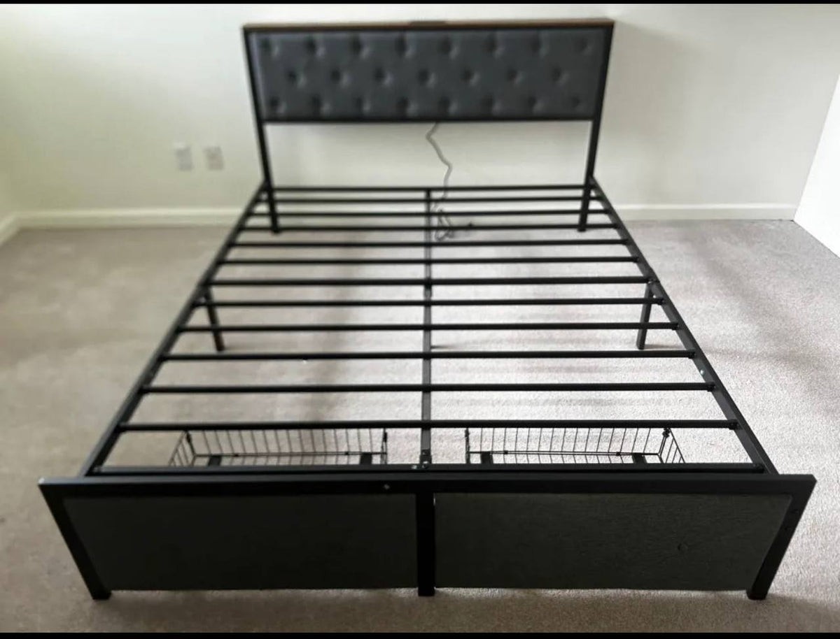Metal bed frame with tufted headboard and storage baskets assembled in Bothell